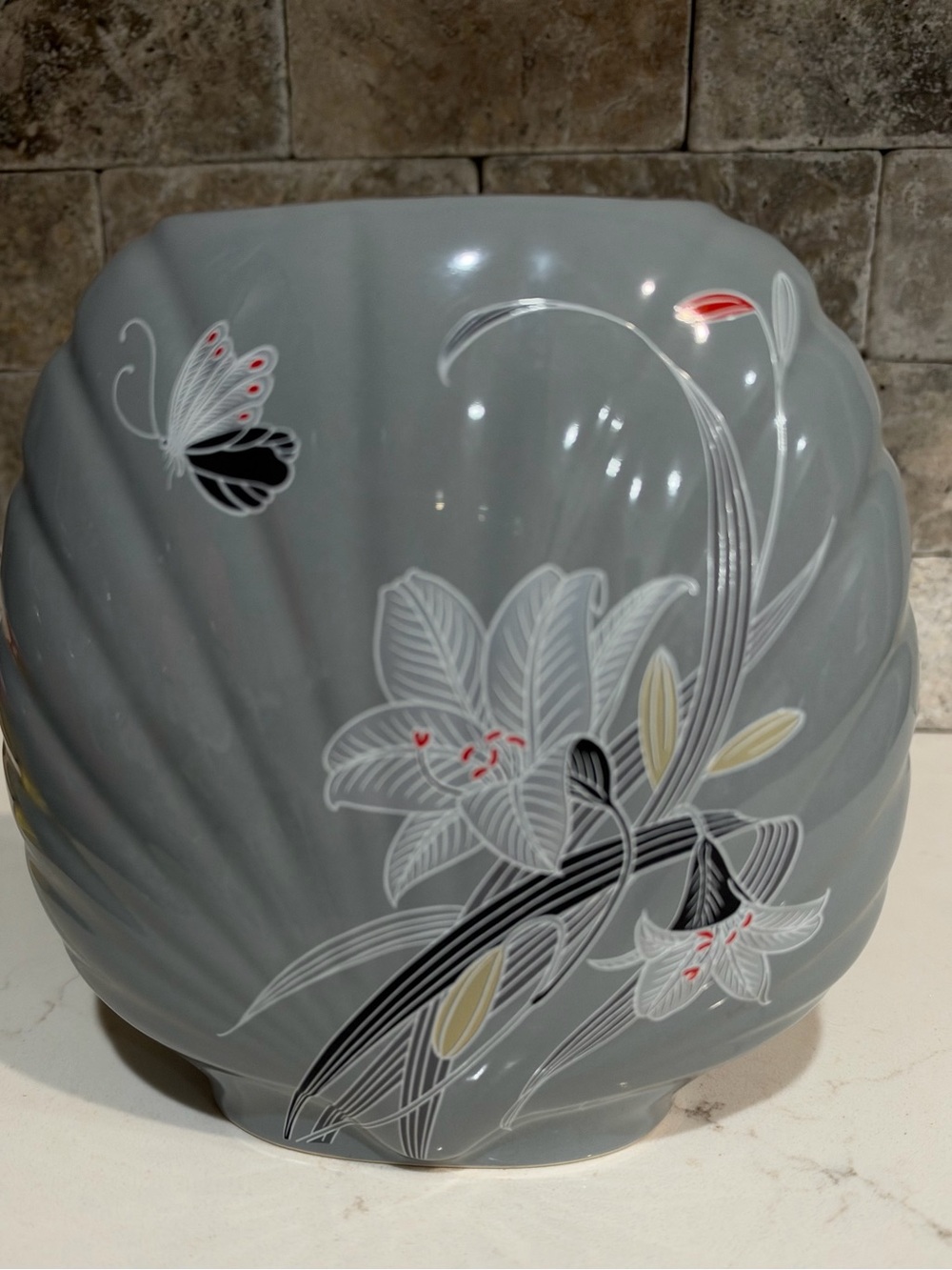 Vintage Japanese Gray Floral Ceramic Vase with Delicate Butterfly Accent